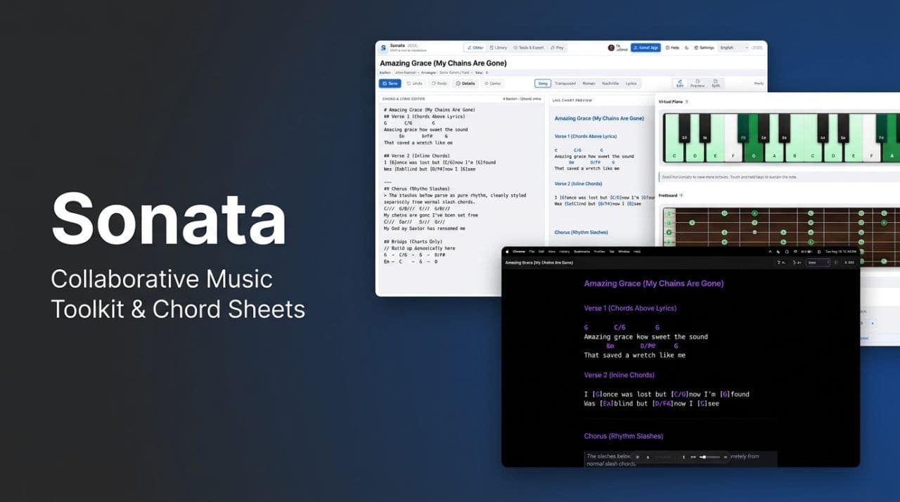 Sonata promotional image showing the chord editor, virtual piano, and presentation view