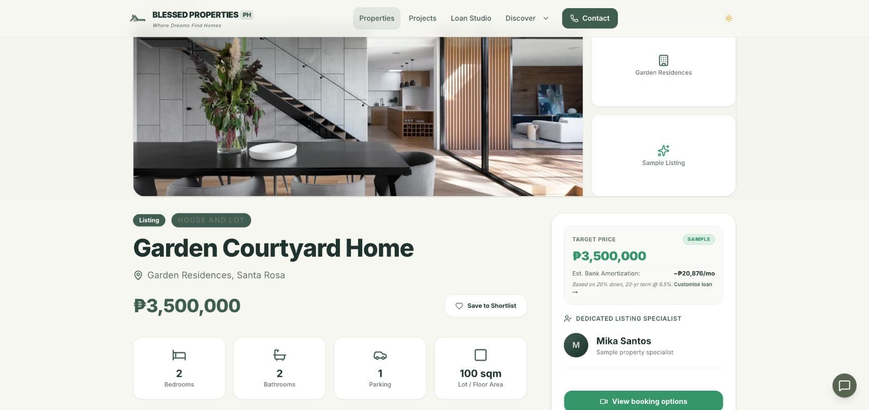 Fictional Garden Courtyard Home property detail page
