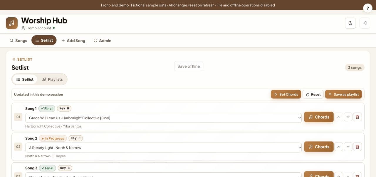 Worship Hub setlist with song order and assigned keys