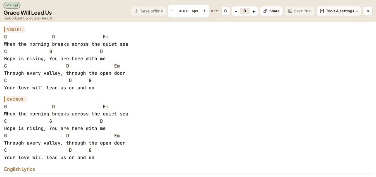 Worship Hub stage reader showing aligned chord rows and lyrics