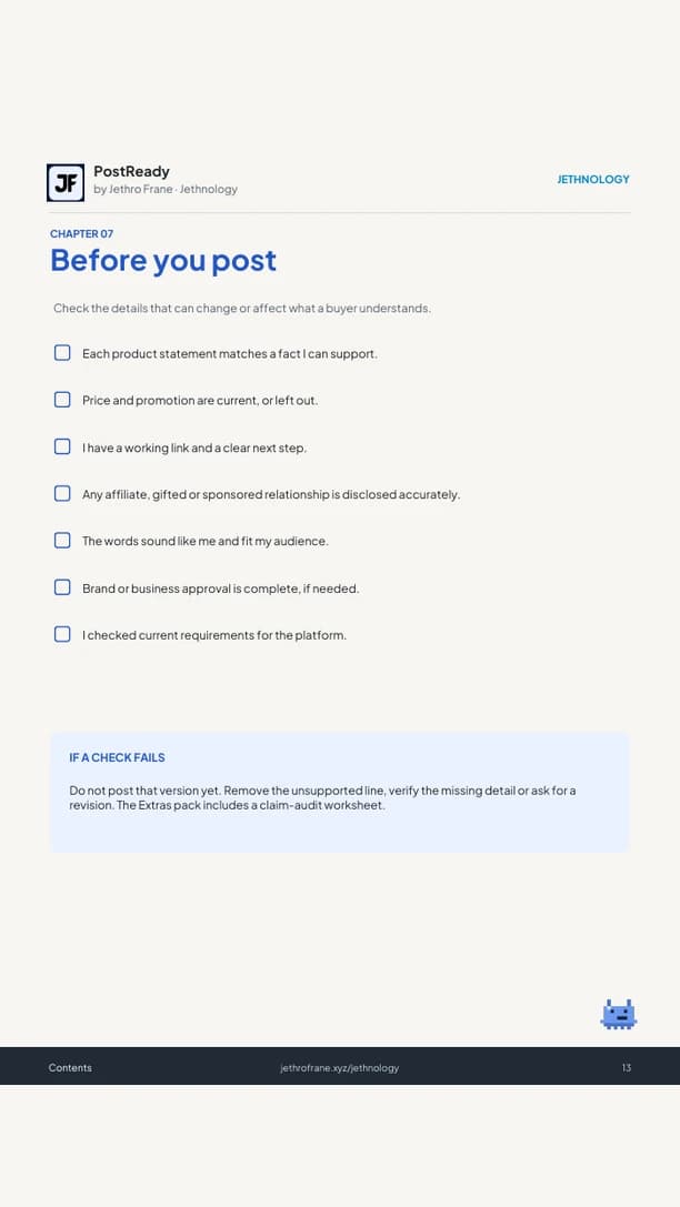 Checklist for reviewing a product draft before posting
