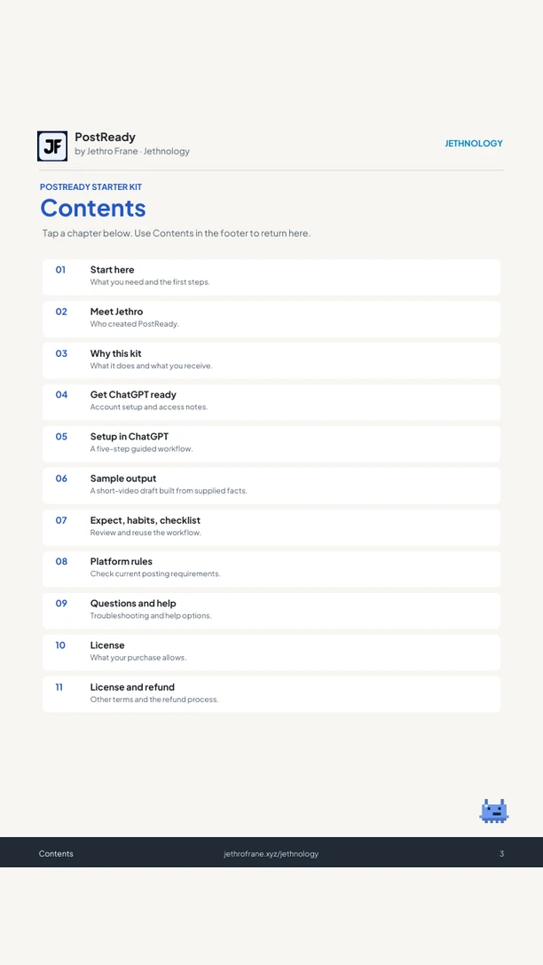 Guide contents with clickable chapter links