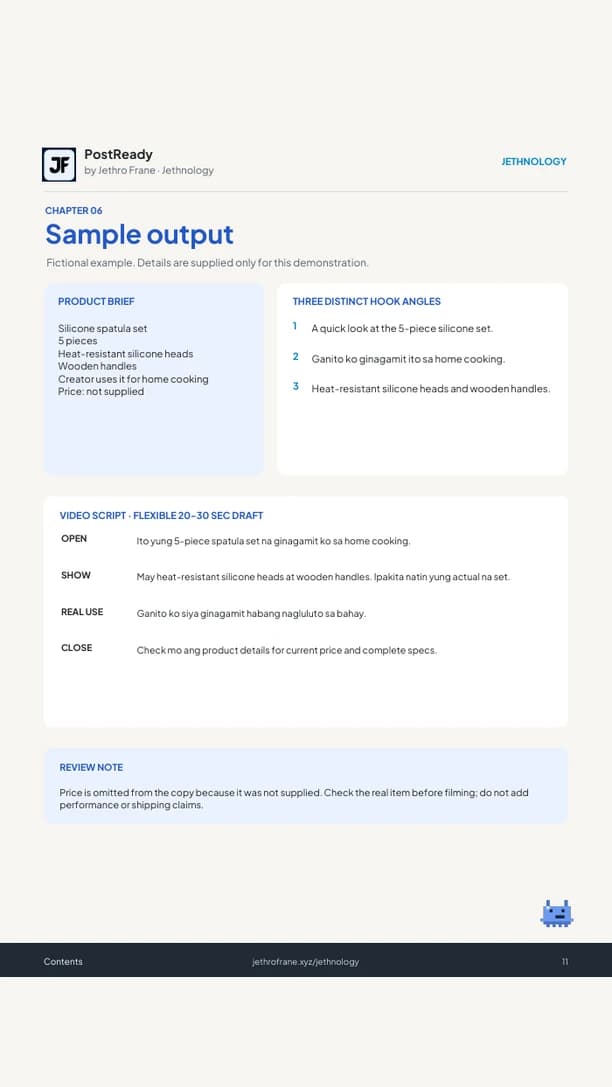 Fictional sample output built from supplied product facts