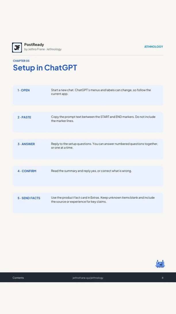 Five-step setup workflow for using the Master Prompt