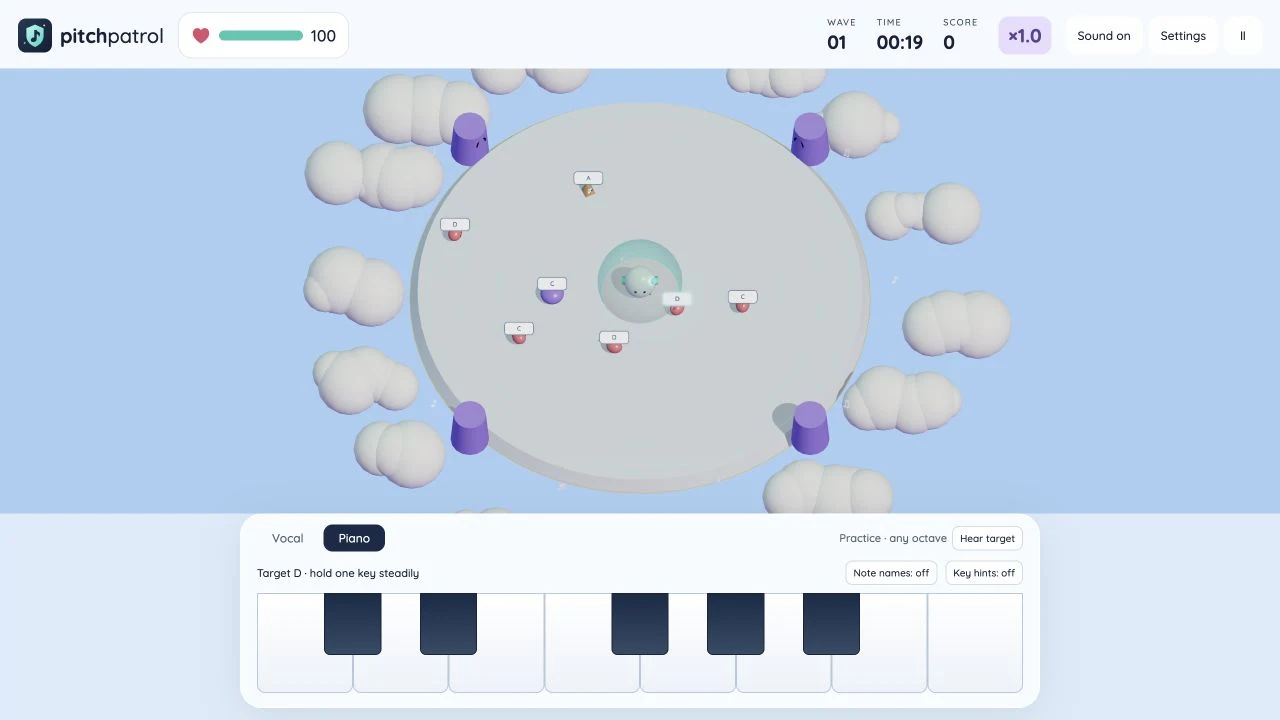 Pitch Patrol running in a browser with its musical arena and piano controls